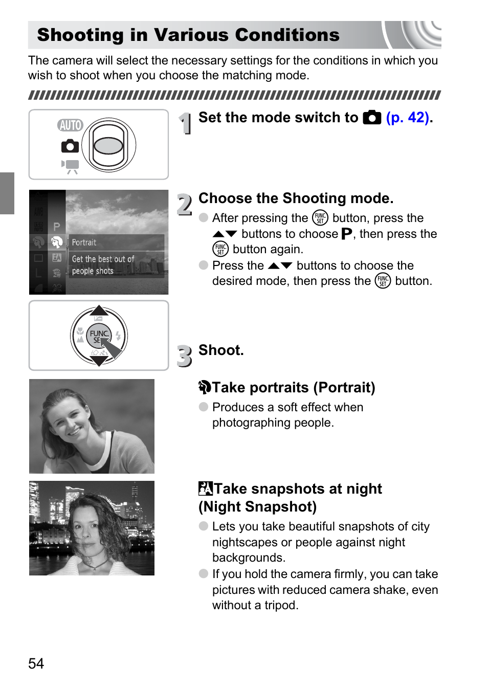 Shooting in various conditions, P. 54) | Canon IXUS 130 User Manual | Page 54 / 176