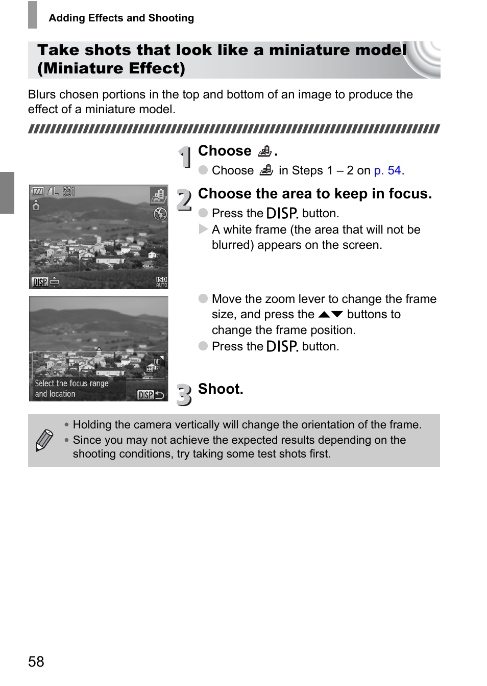 P. 58), Choose, Choose the area to keep in focus | Shoot | Canon IXUS 130 User Manual | Page 58 / 176