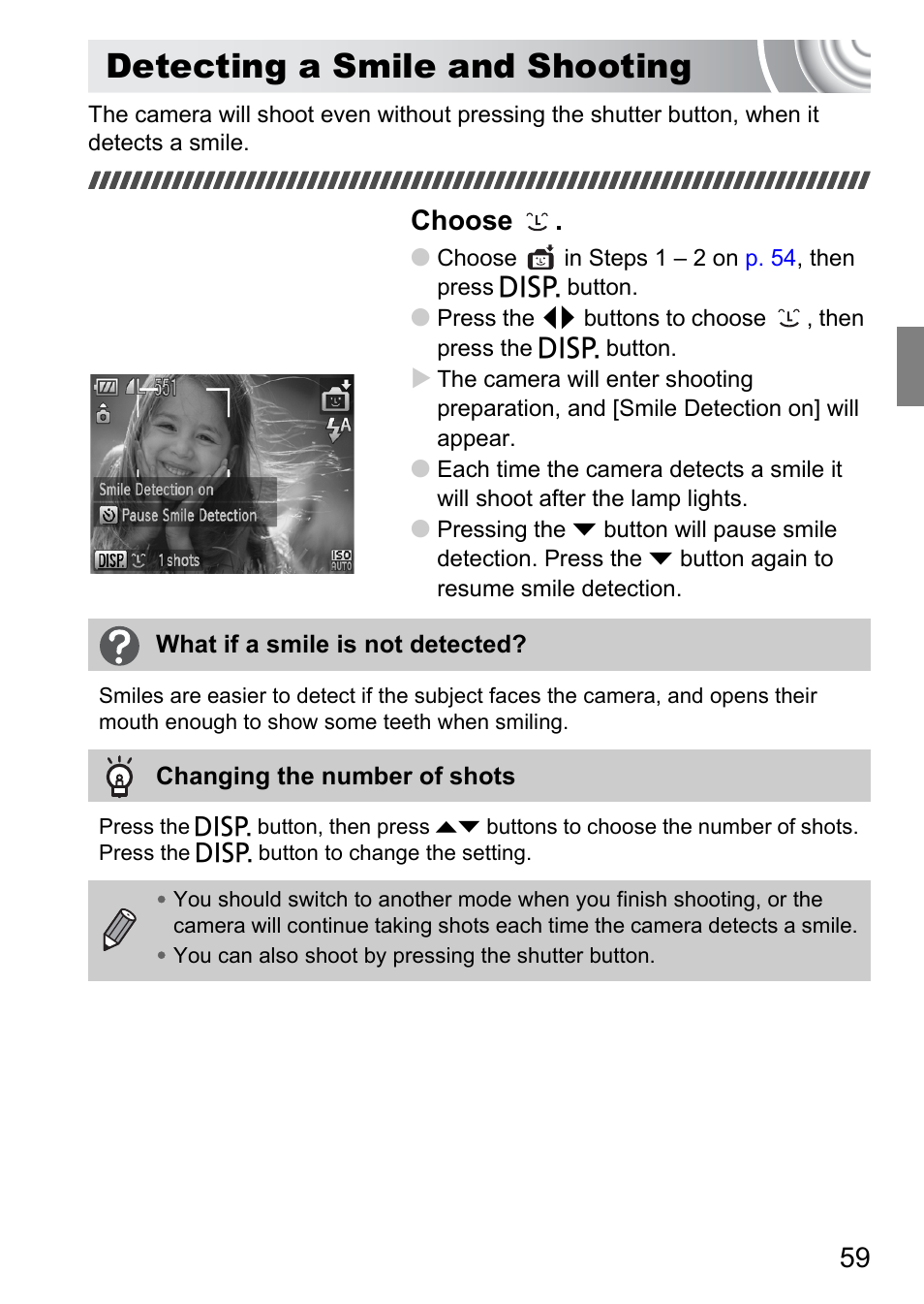 Detecting a smile and shooting, Lamp, Pp. 59 | P. 59), Choose | Canon IXUS 130 User Manual | Page 59 / 176