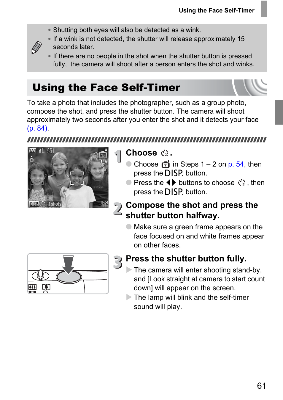 Using the face self-timer, Lf-timer, P. 61) | Choose, Press the shutter button fully | Canon IXUS 130 User Manual | Page 61 / 176