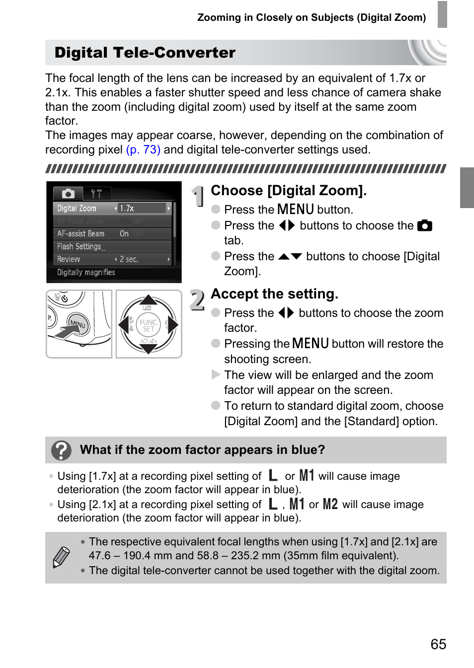 Digital tele-converter, Choose [digital zoom, Accept the setting | Canon IXUS 130 User Manual | Page 65 / 176