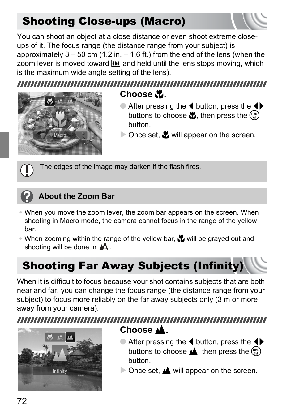 Shooting close-ups (macro), Shooting far away subjects (infinity), Infinity) | Cro), P. 72), Choose e, Choose u | Canon IXUS 130 User Manual | Page 72 / 176
