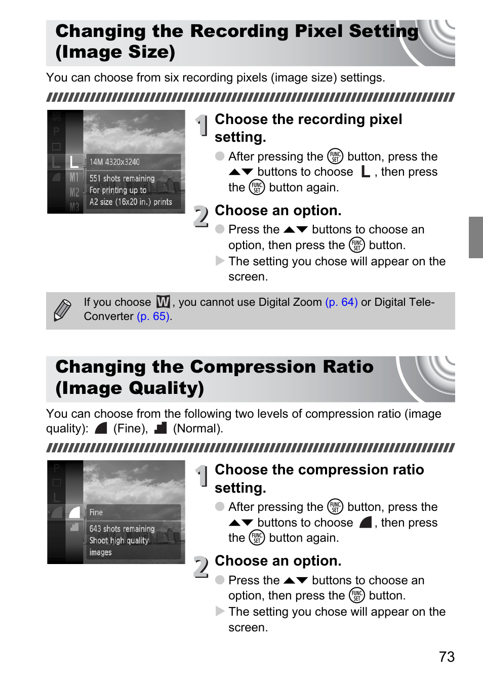 Changing the recording pixel setting (image size), Changing the compression ratio (image quality), Changing the recording pixel setting | Image size), Changing the compression ratio, Image quality), Choose the recording pixel setting, Choose an option, Choose the compression ratio setting | Canon IXUS 130 User Manual | Page 73 / 176