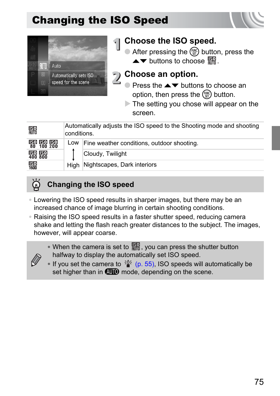 Changing the iso speed, P. 75), Choose the iso speed | Choose an option | Canon IXUS 130 User Manual | Page 75 / 176