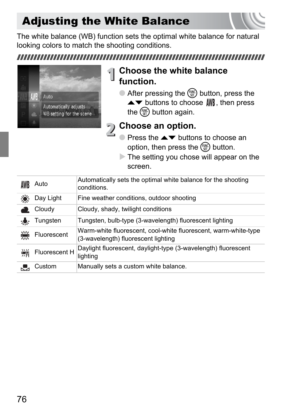 Adjusting the white balance, Choose the white balance function, Choose an option | Canon IXUS 130 User Manual | Page 76 / 176