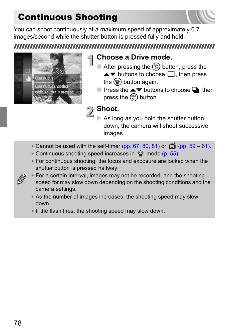 Continuous shooting, Choose a drive mode, Shoot | Canon IXUS 130 User Manual | Page 78 / 176