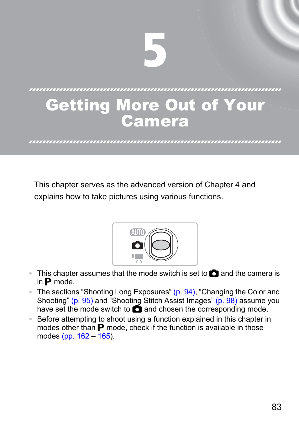 5 getting more out of your camera, 5 getting more out of your, Camera | Getting more out of your camera | Canon IXUS 130 User Manual | Page 83 / 176