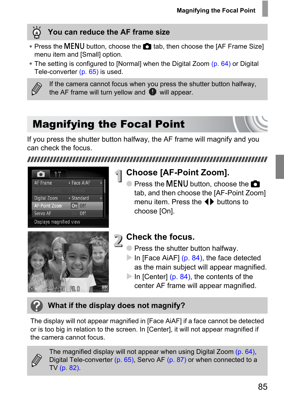 Magnifying the focal point, Choose [af-point zoom, Check the focus | Canon IXUS 130 User Manual | Page 85 / 176