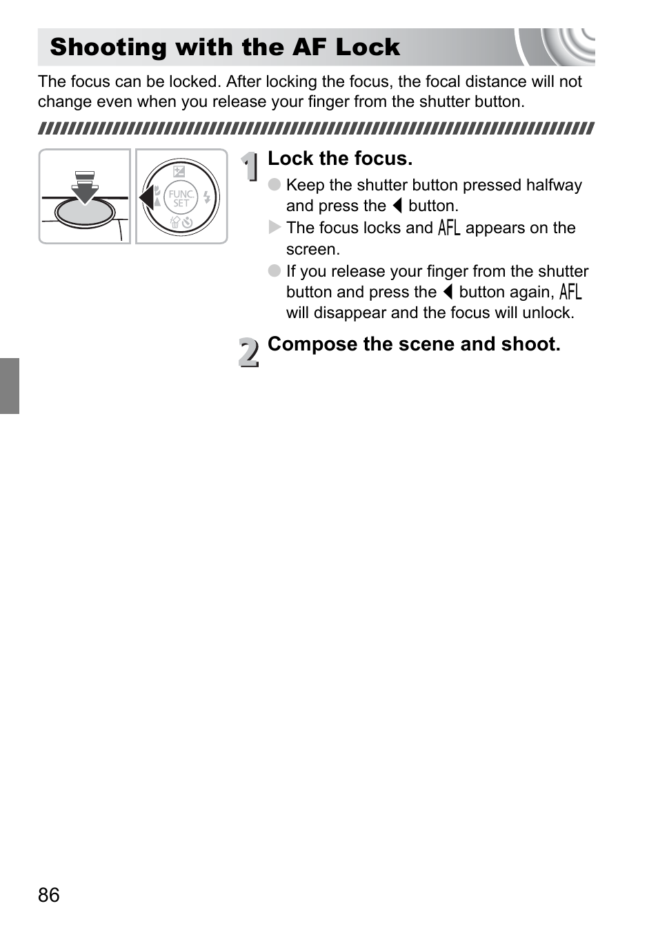 Shooting with the af lock | Canon IXUS 130 User Manual | Page 86 / 176