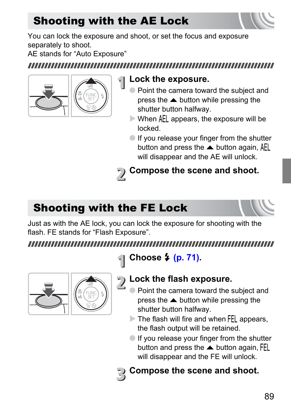 Shooting with the ae lock, Shooting with the fe lock | Canon IXUS 130 User Manual | Page 89 / 176