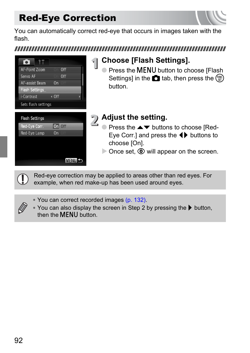 Red-eye correction, Choose [flash settings, Adjust the setting | Canon IXUS 130 User Manual | Page 92 / 176