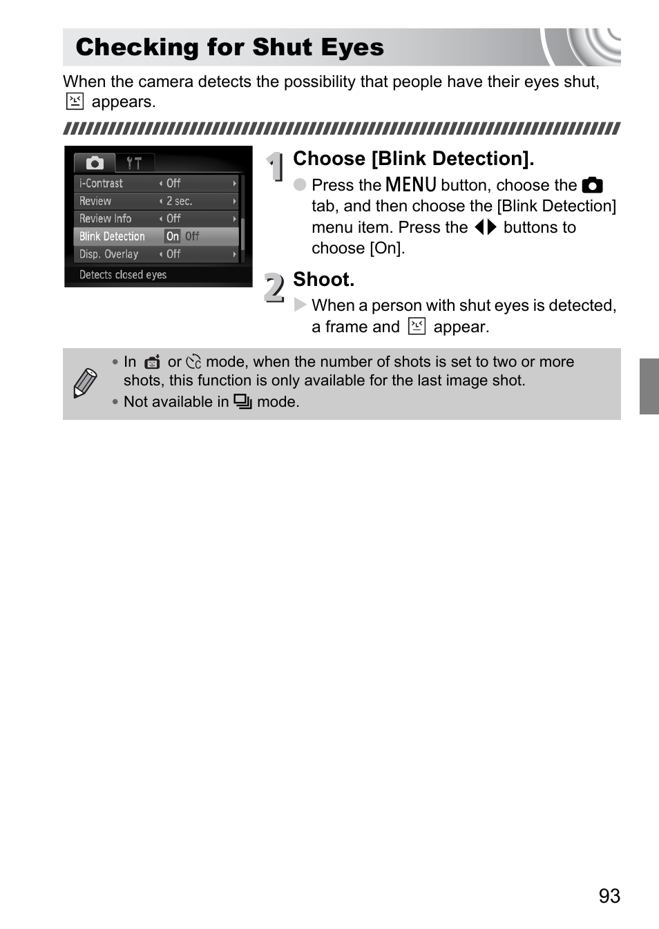Checking for shut eyes, Choose [blink detection, Shoot | Canon IXUS 130 User Manual | Page 93 / 176