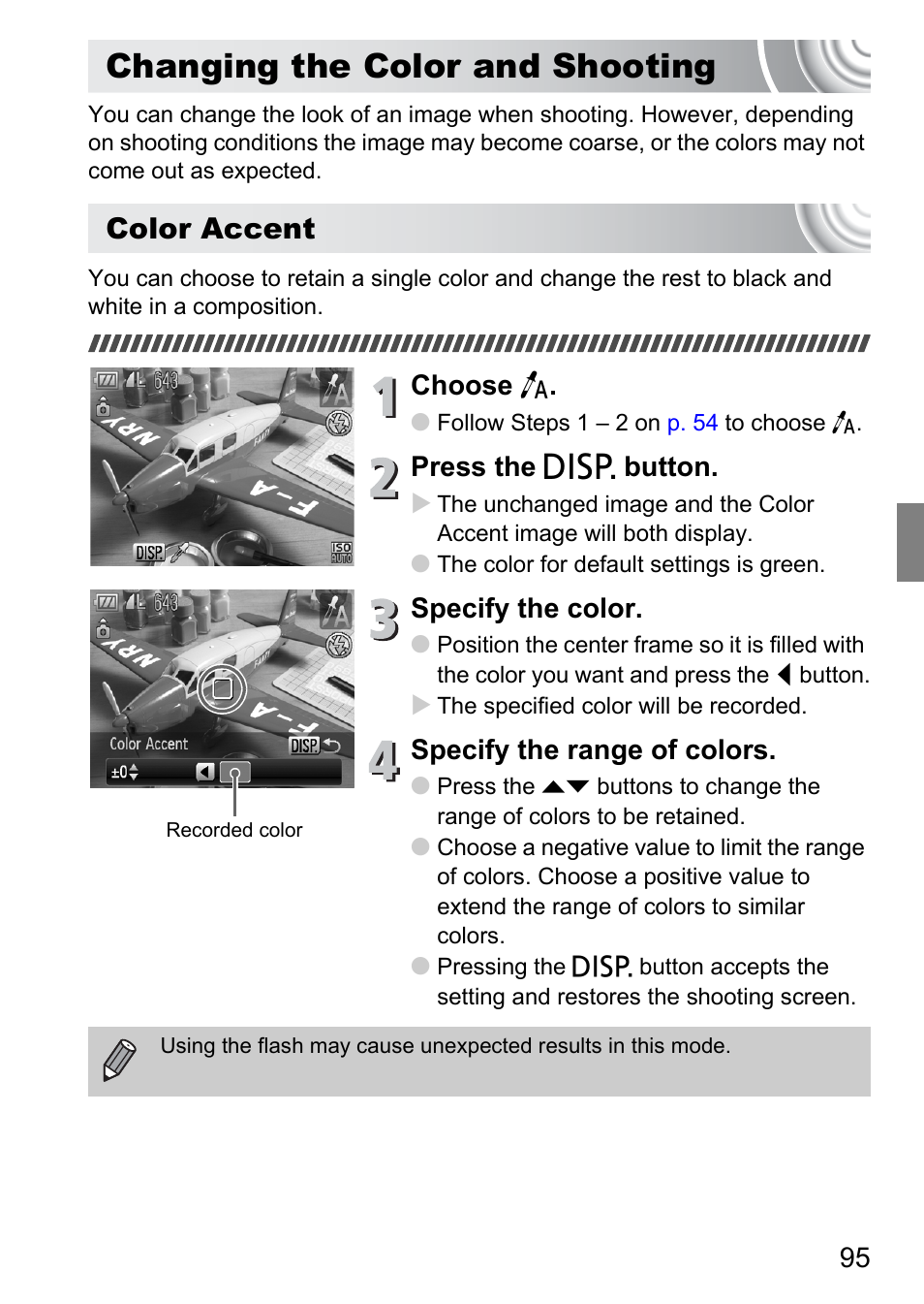 Changing the color and shooting, P. 95), Or color swap | Color accent, Choose t, Press the l button, Specify the color, Specify the range of colors | Canon IXUS 130 User Manual | Page 95 / 176