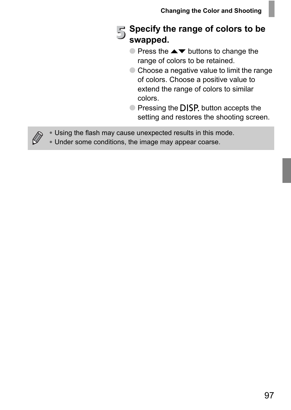 Specify the range of colors to be swapped | Canon IXUS 130 User Manual | Page 97 / 176