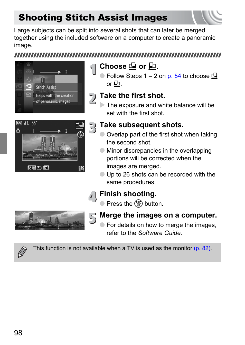 Shooting stitch assist images, P. 98), Choose x or v | Take the first shot, Take subsequent shots, Finish shooting, Merge the images on a computer | Canon IXUS 130 User Manual | Page 98 / 176