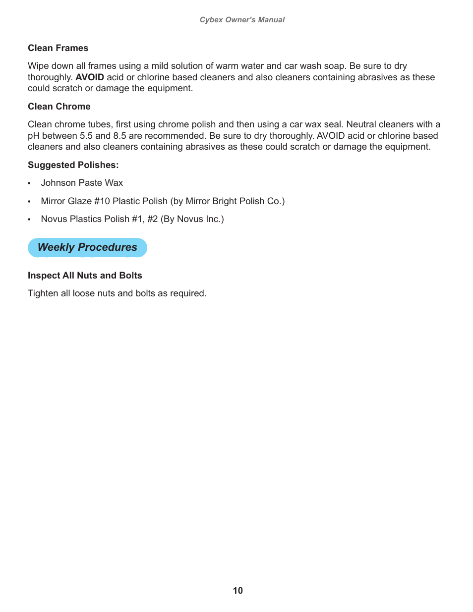 Weekly procedures | Cybex 8821 Bravo Bench User Manual | Page 10 / 14