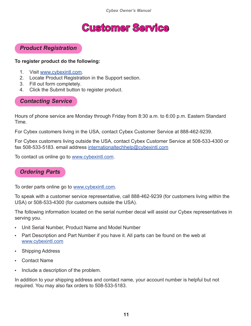 Customer service, Product registration, Contacting service | Ordering parts | Cybex 8821 Bravo Bench User Manual | Page 11 / 14