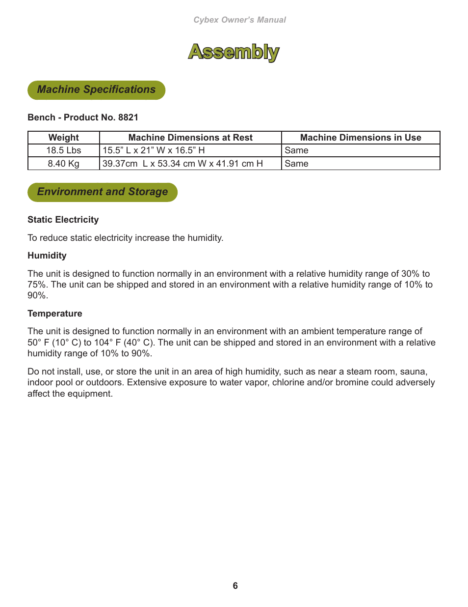 Assembly, Machine specifications, Environment and storage | Cybex 8821 Bravo Bench User Manual | Page 6 / 14