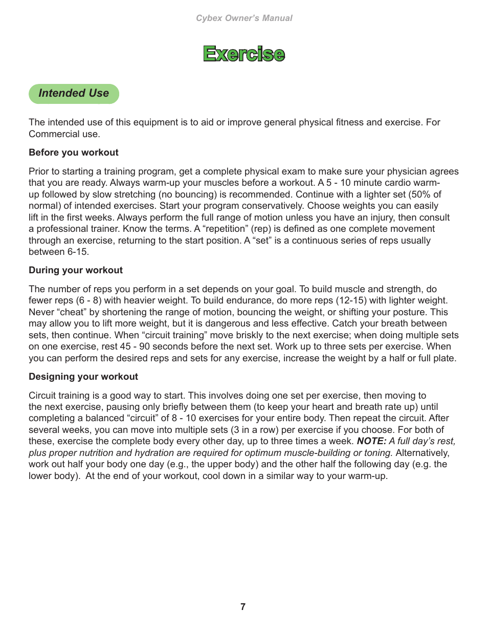 Exercise, Intended use | Cybex 8821 Bravo Bench User Manual | Page 7 / 14