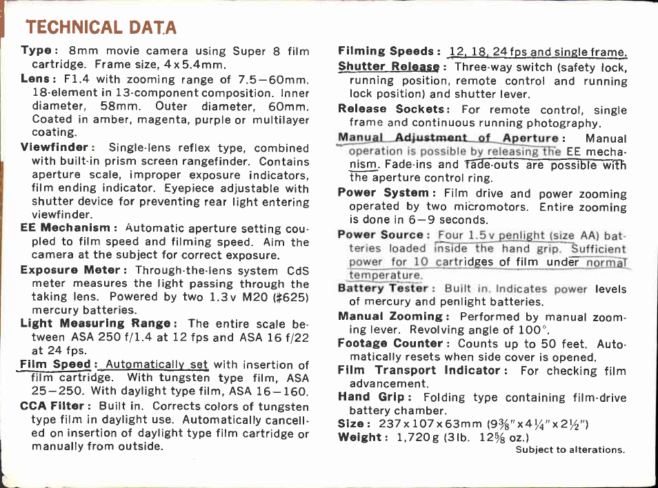 Technical data | Canon Super 8 814 User Manual | Page 2 / 59