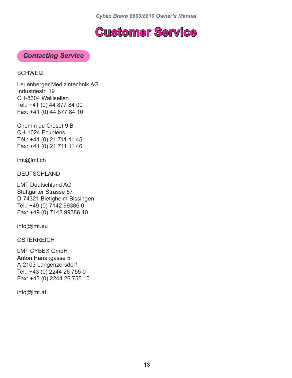 Customer service | Cybex 8800 Bravo Medical User Manual | Page 13 / 24