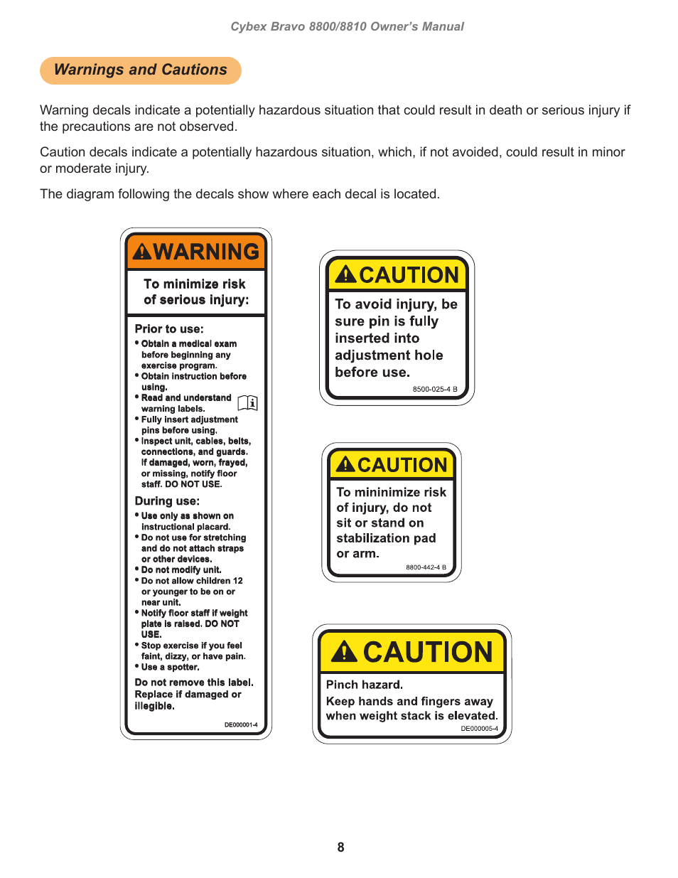 Warning, Warnings and cautions, Owatonna | Prior to use, During use | Cybex 8800 Bravo Medical User Manual | Page 8 / 24