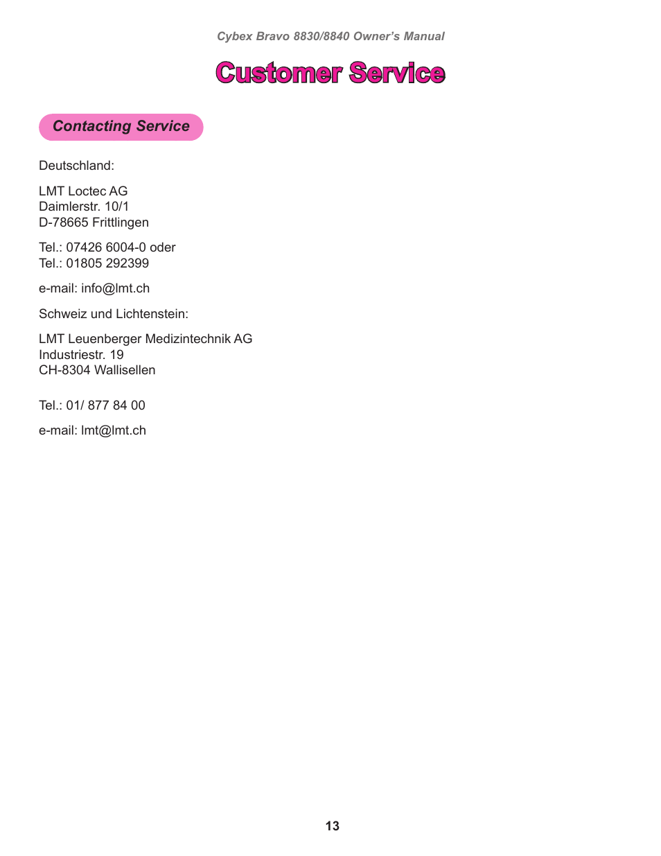 Customer service, Contacting service | Cybex 8830 Bravo Medical User Manual | Page 13 / 24