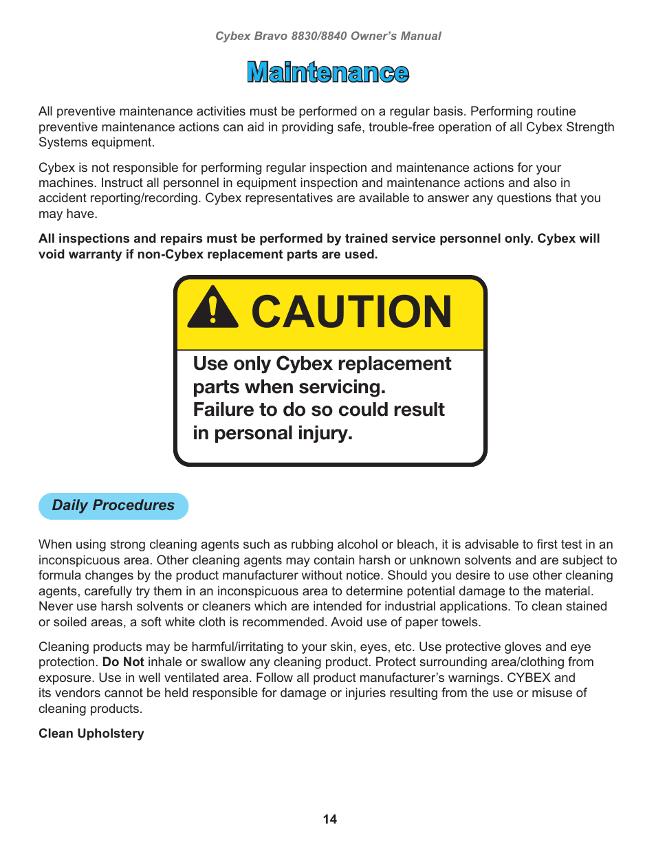 Maintenance, Daily procedures, Caution | Cybex 8830 Bravo Medical User Manual | Page 14 / 24