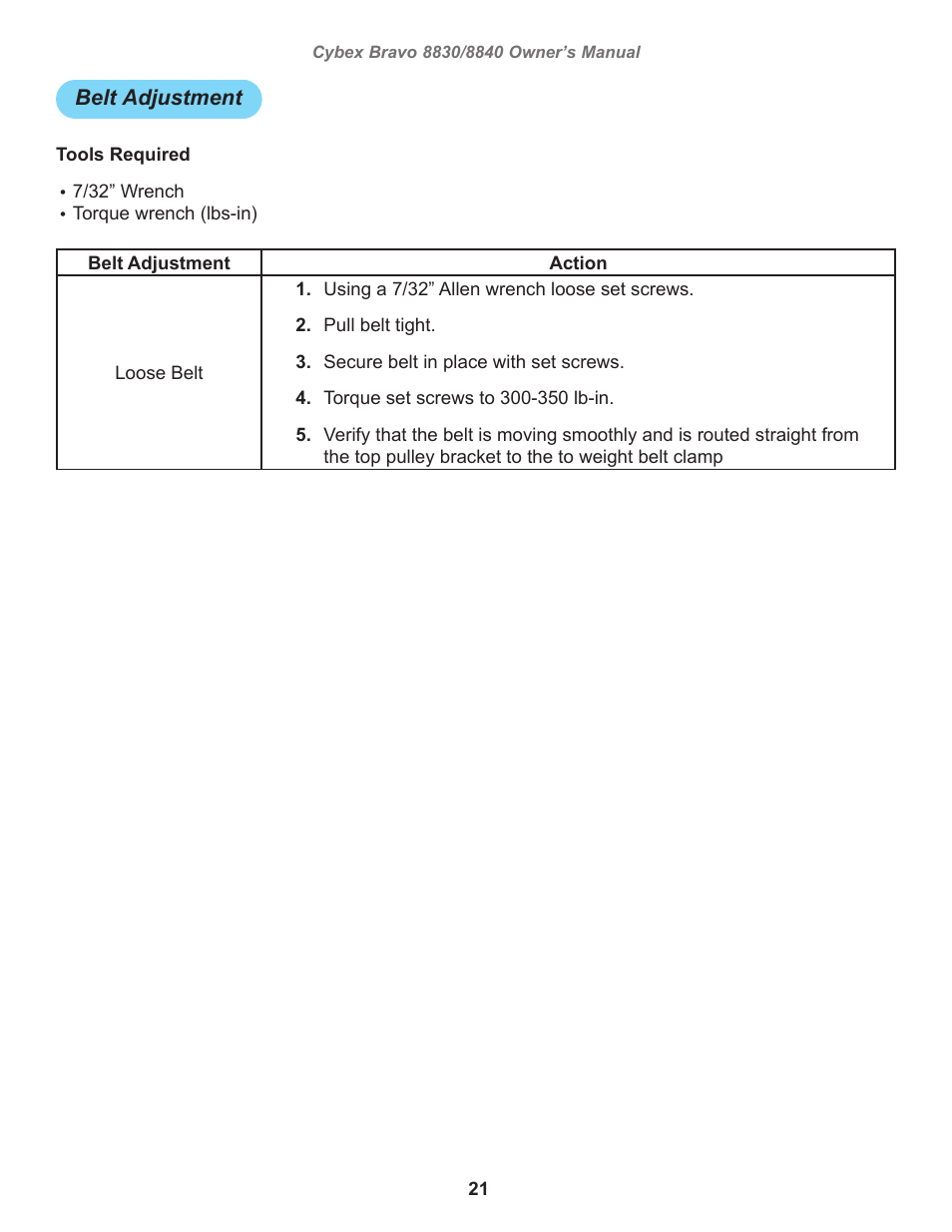 Belt adjustment | Cybex 8830 Bravo Medical User Manual | Page 21 / 24