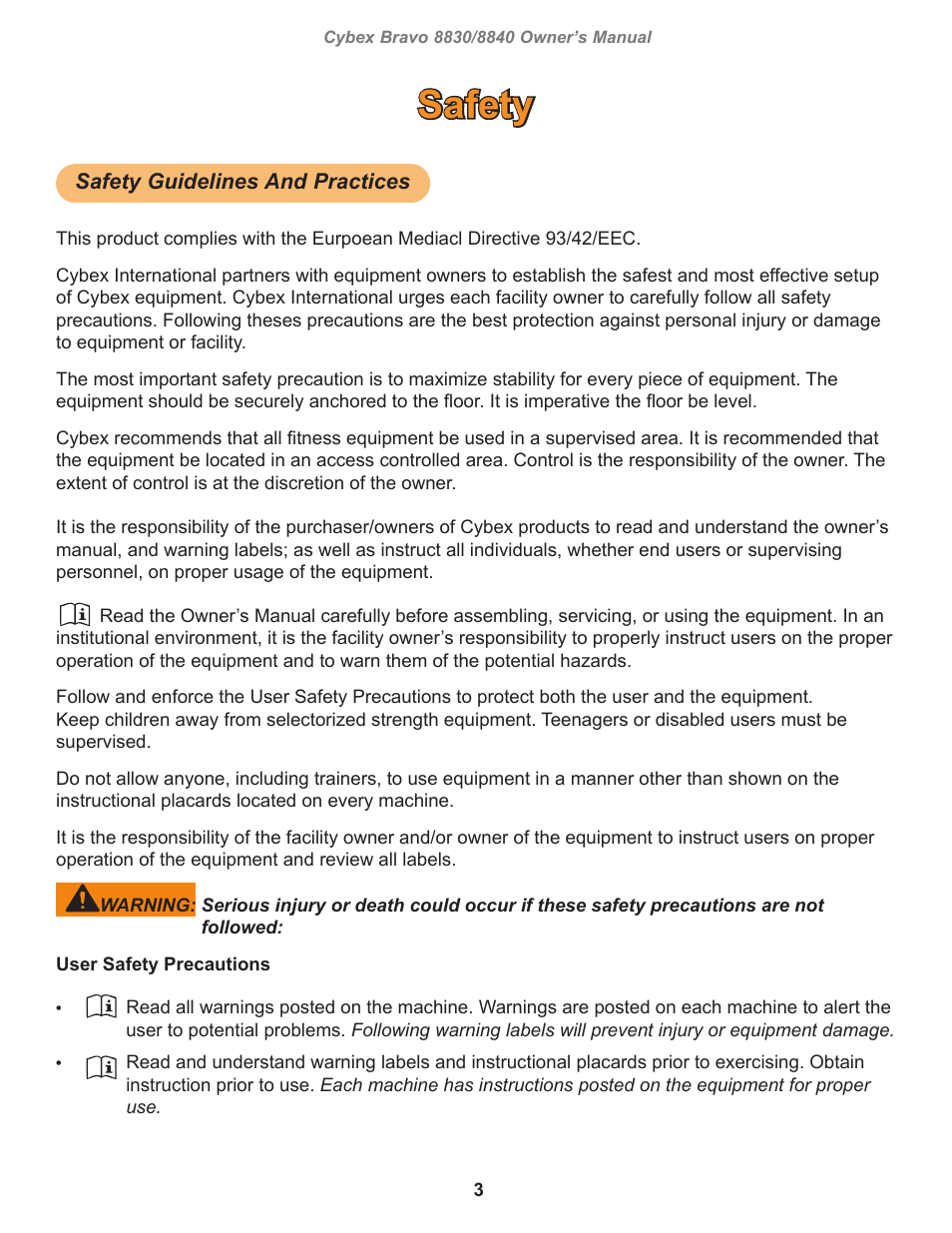 Safety, Safety guidelines and practices | Cybex 8830 Bravo Medical User Manual | Page 3 / 24