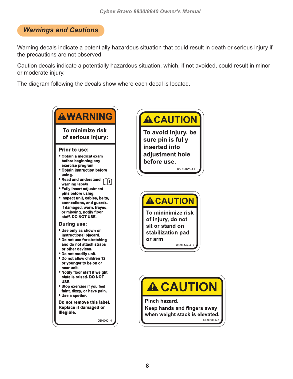 Warnings and cautions, Warning, Owatonna | Prior to use, During use | Cybex 8830 Bravo Medical User Manual | Page 8 / 24