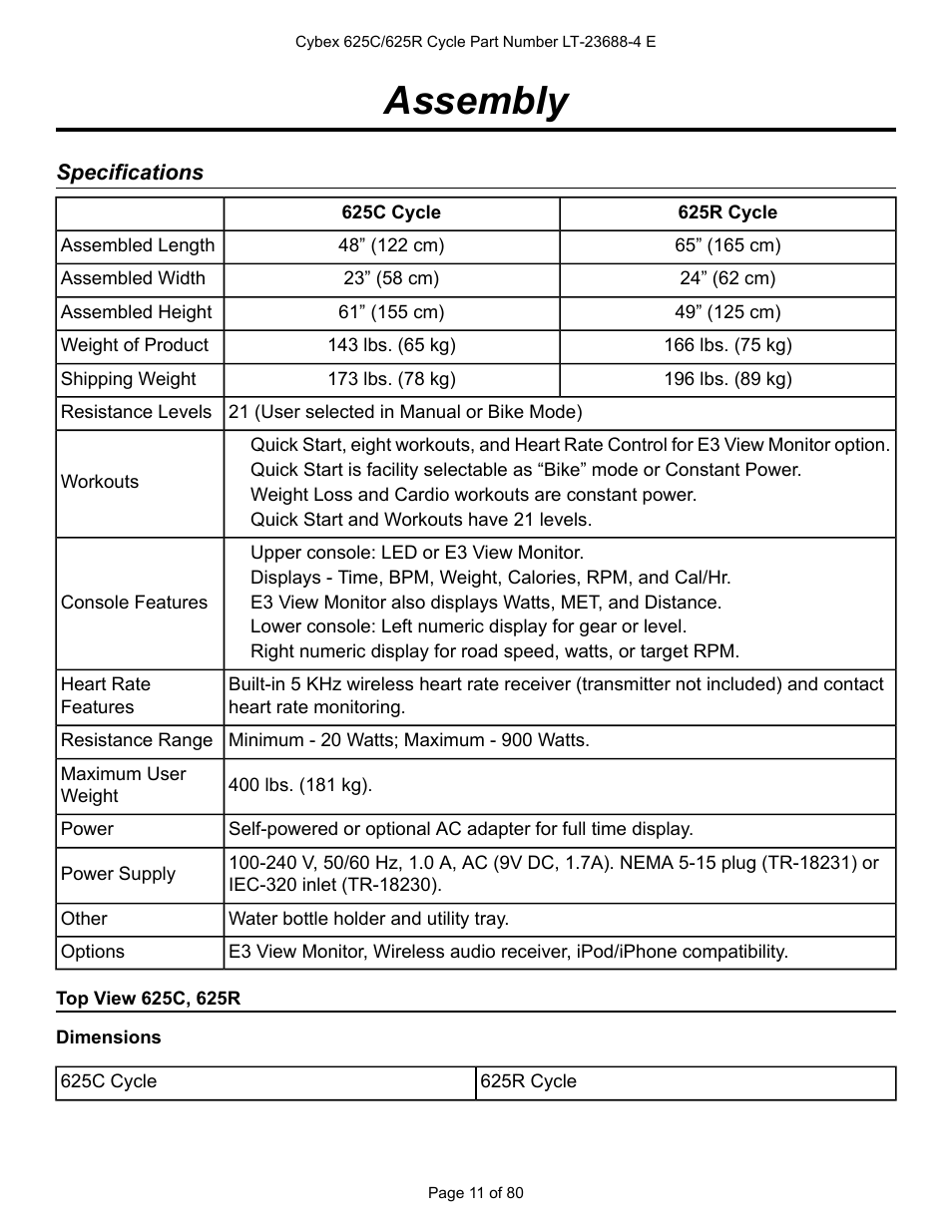 Assembly, Specifications, Top view 625c, 625r | Cybex 625C Cycle Bike User Manual | Page 11 / 80
