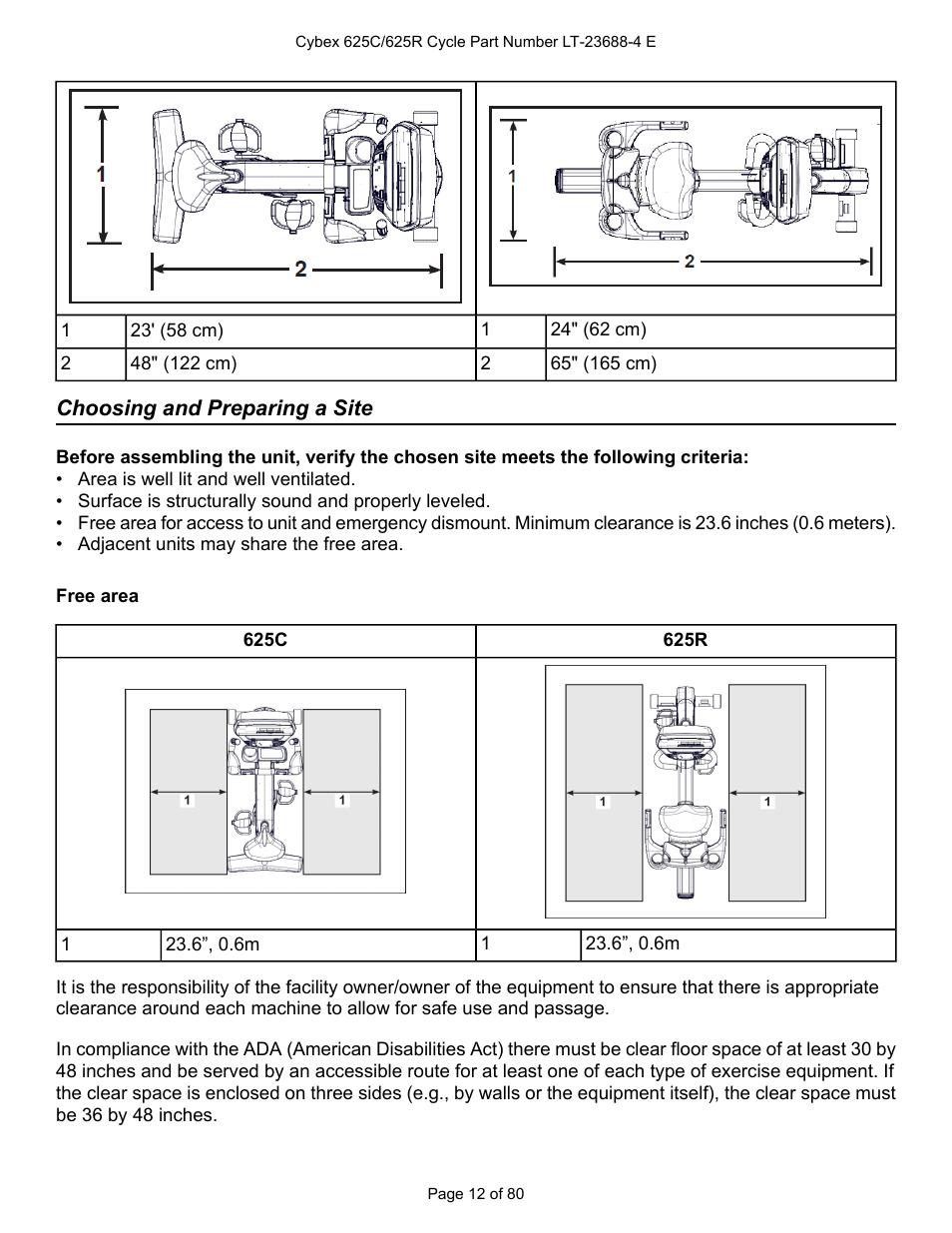 Choosing and preparing a site | Cybex 625C Cycle Bike User Manual | Page 12 / 80