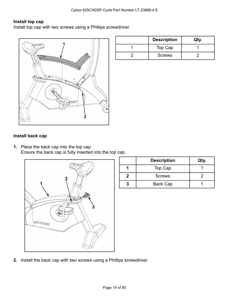 Install top cap, Install back cap | Cybex 625C Cycle Bike User Manual | Page 19 / 80