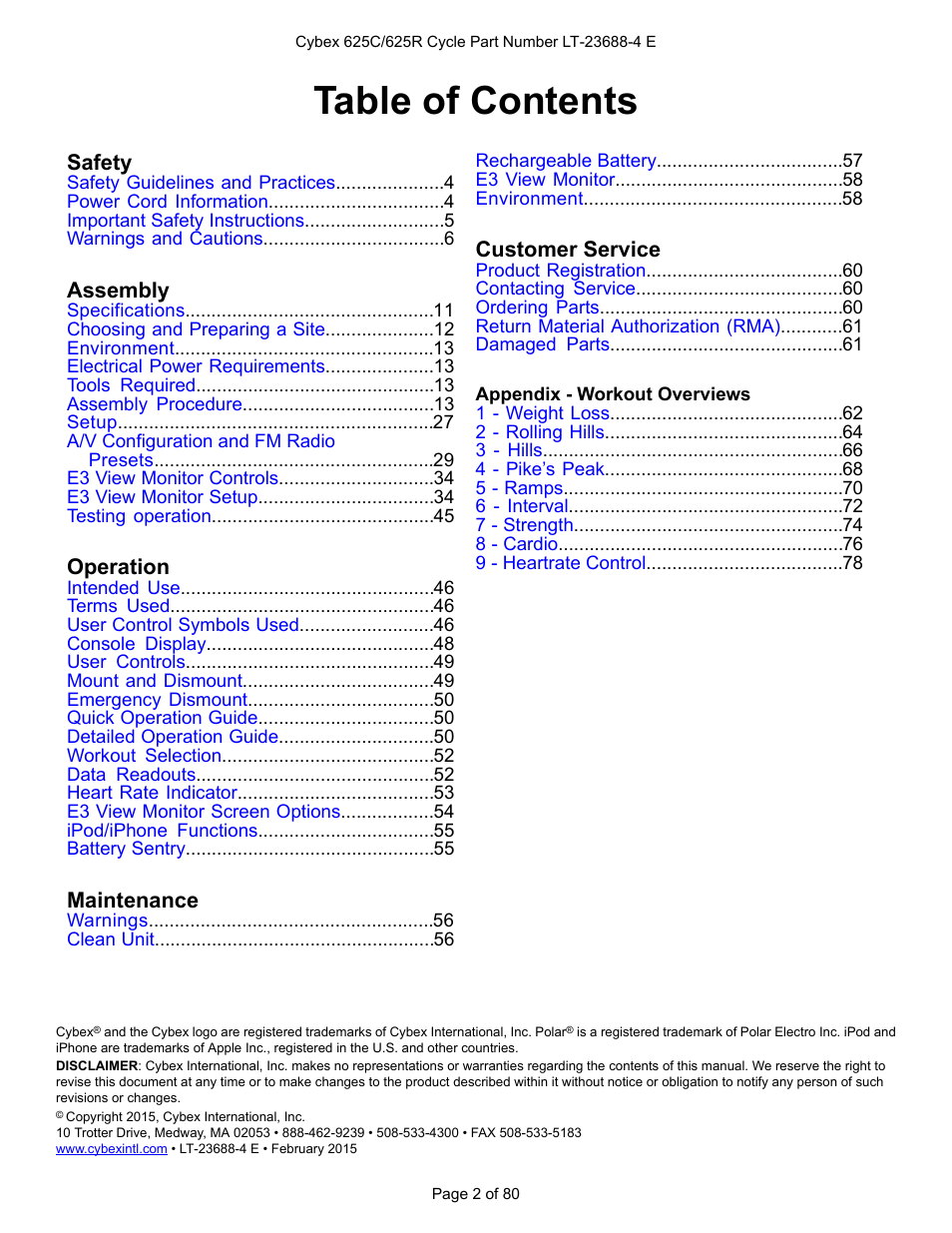 Cybex 625C Cycle Bike User Manual | Page 2 / 80