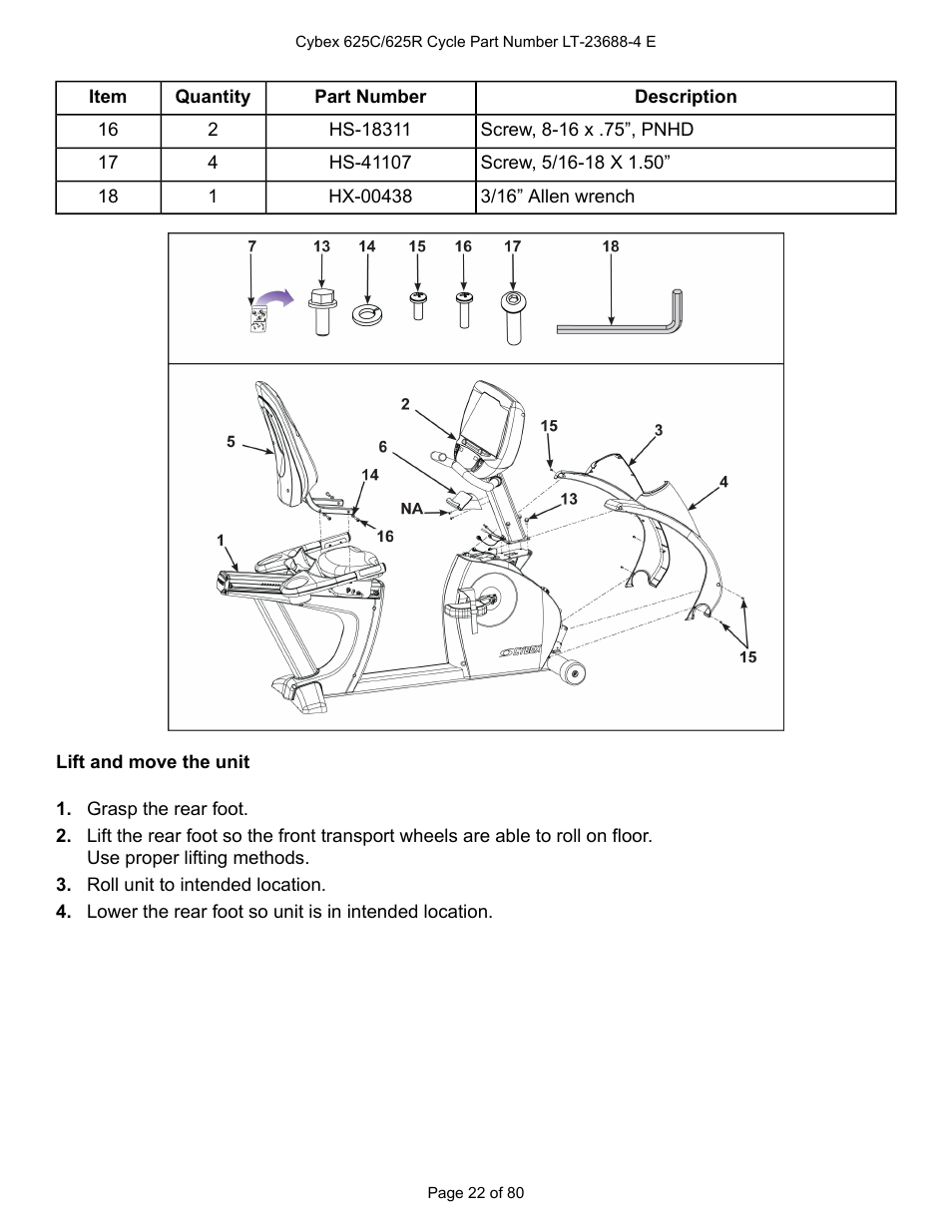 Lift and move the unit | Cybex 625C Cycle Bike User Manual | Page 22 / 80