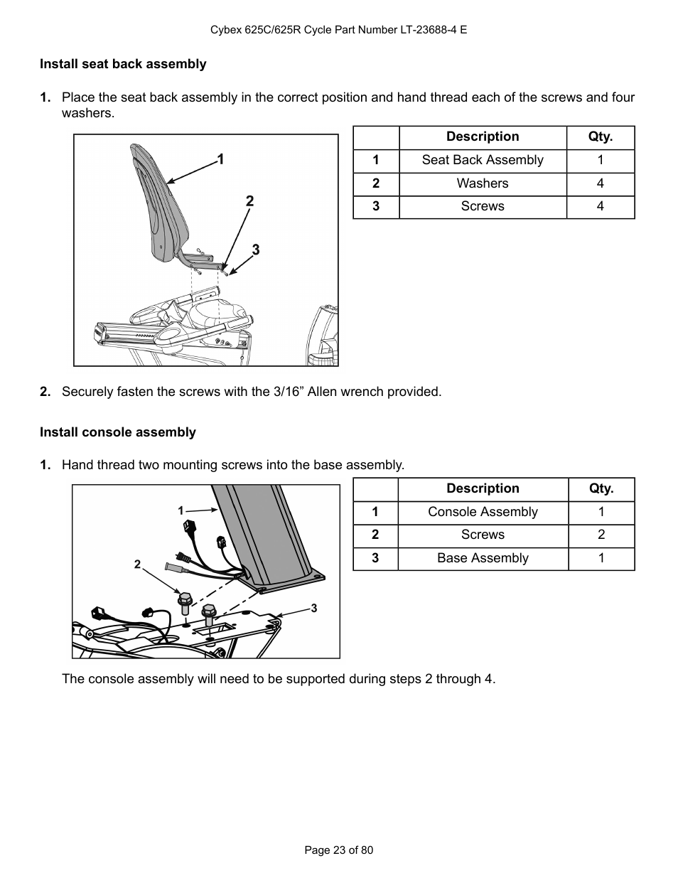 Install seat back assembly, Install console assembly | Cybex 625C Cycle Bike User Manual | Page 23 / 80