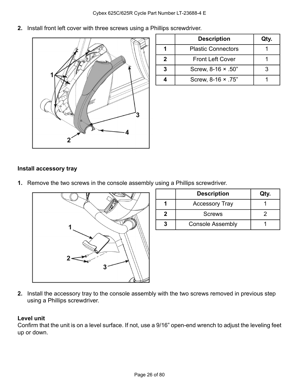 Install accessory tray, Level unit | Cybex 625C Cycle Bike User Manual | Page 26 / 80