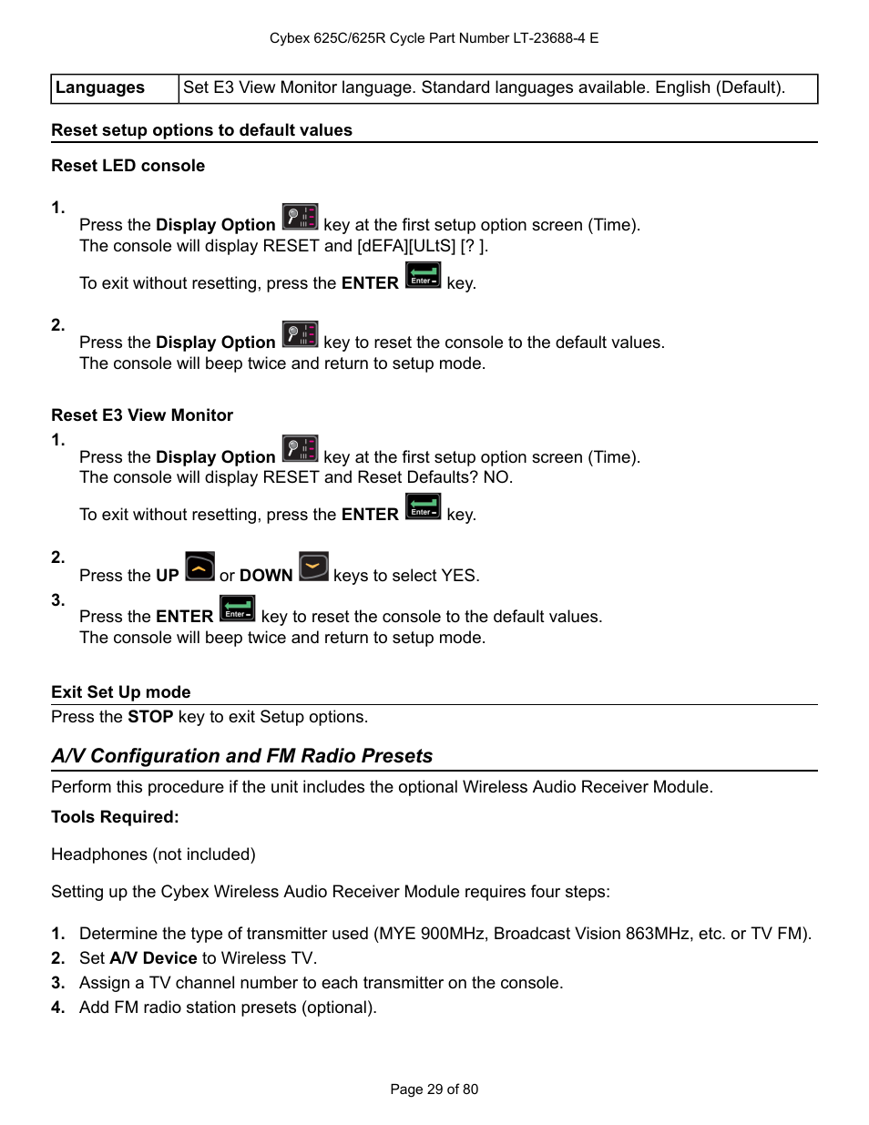 Reset setup options to default values, Reset led console, Reset e3 view monitor | Exit set up mode, A/v configuration and fm radio presets, A/v configuration and fm radio, Presets | Cybex 625C Cycle Bike User Manual | Page 29 / 80