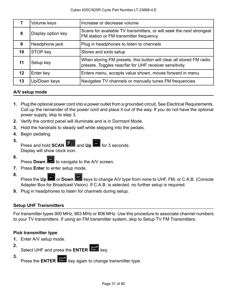 A/v setup mode, Setup uhf transmitters, Pick transmitter type | Cybex 625C Cycle Bike User Manual | Page 31 / 80