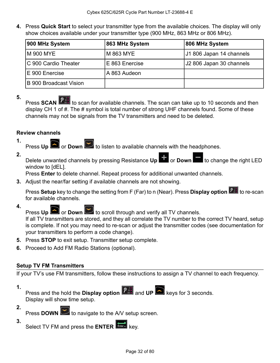 Review channels, Setup tv fm transmitters | Cybex 625C Cycle Bike User Manual | Page 32 / 80