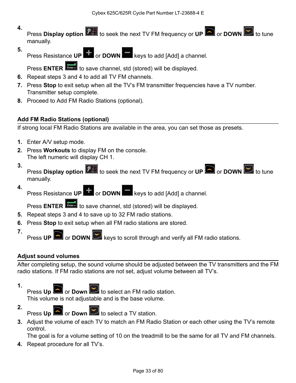 Add fm radio stations (optional), Adjust sound volumes | Cybex 625C Cycle Bike User Manual | Page 33 / 80