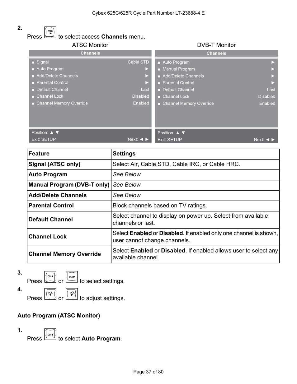 Auto program (atsc monitor) | Cybex 625C Cycle Bike User Manual | Page 37 / 80