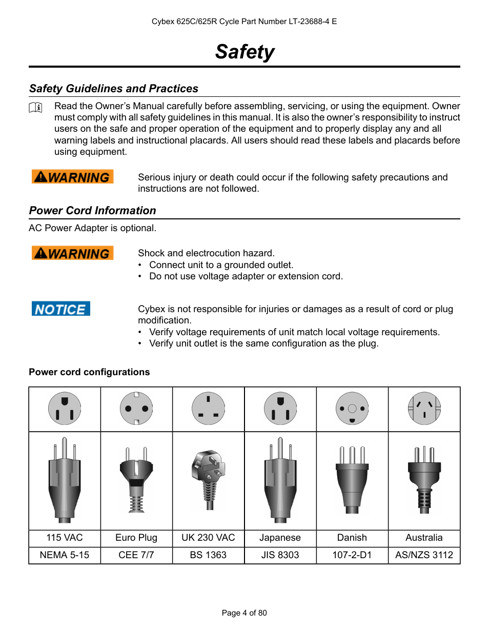 Safety, Safety guidelines and practices, Power cord information | Cybex 625C Cycle Bike User Manual | Page 4 / 80