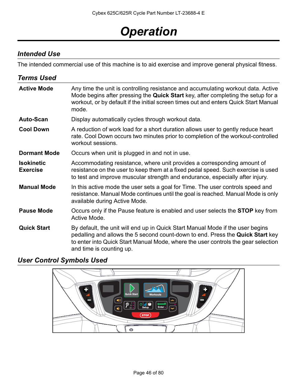 Operation, Intended use, Terms used | User control symbols used | Cybex 625C Cycle Bike User Manual | Page 46 / 80