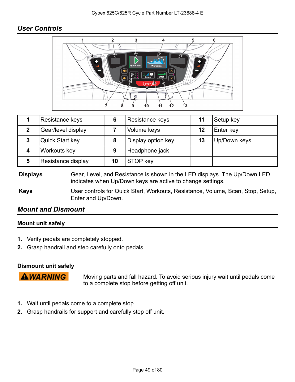 User controls, Mount and dismount, Mount unit safely | Dismount unit safely | Cybex 625C Cycle Bike User Manual | Page 49 / 80