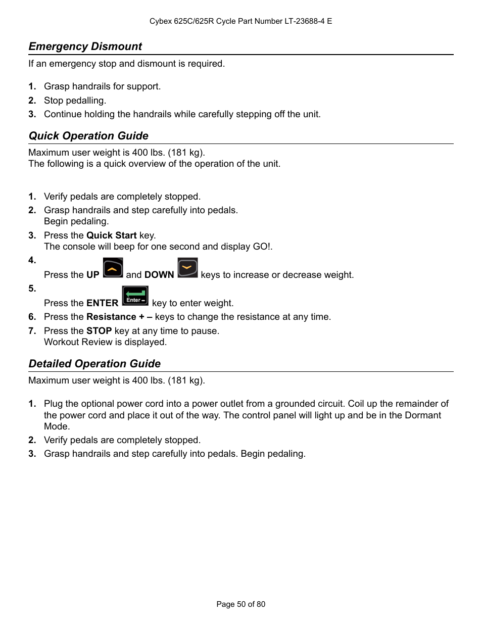 Emergency dismount, Quick operation guide, Detailed operation guide | Cybex 625C Cycle Bike User Manual | Page 50 / 80