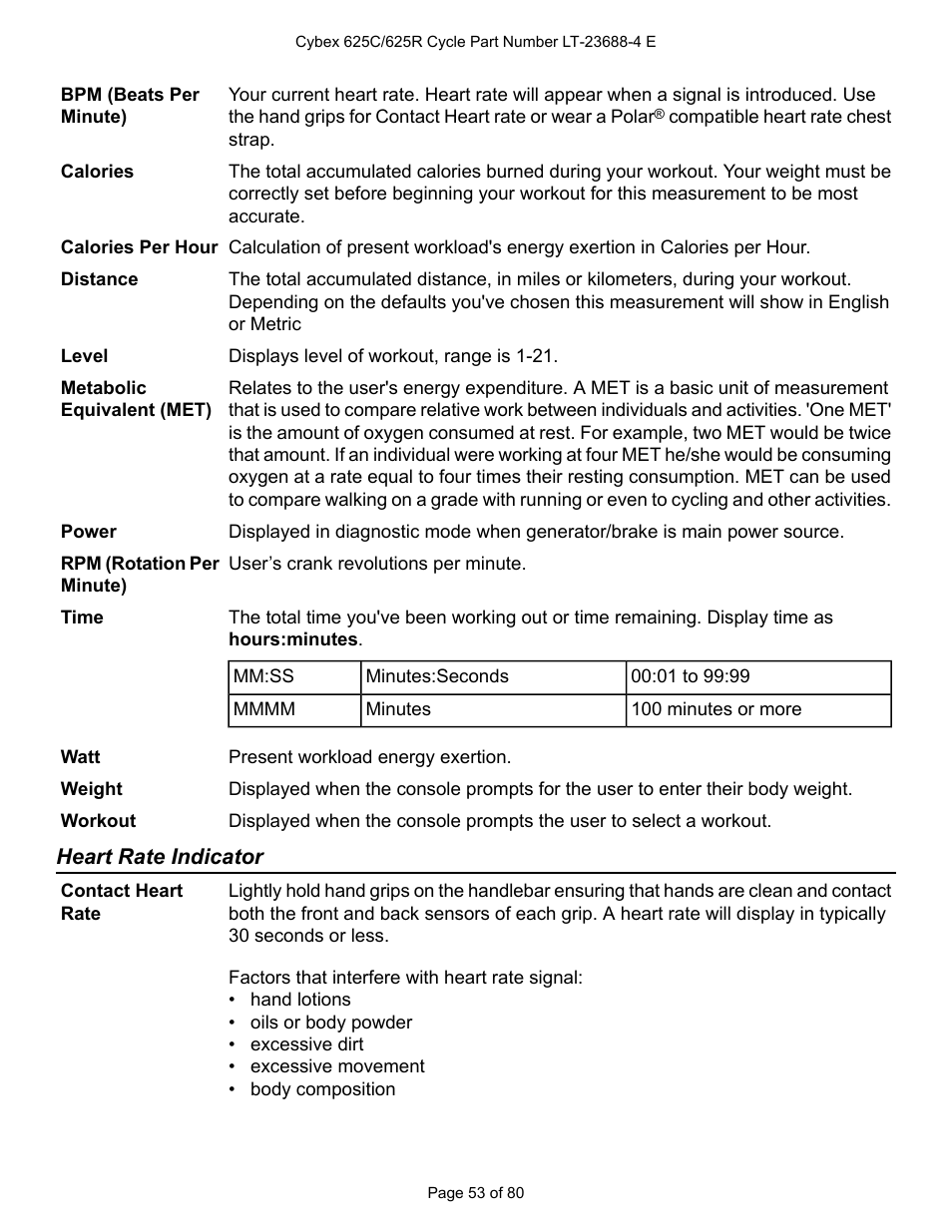 Heart rate indicator | Cybex 625C Cycle Bike User Manual | Page 53 / 80