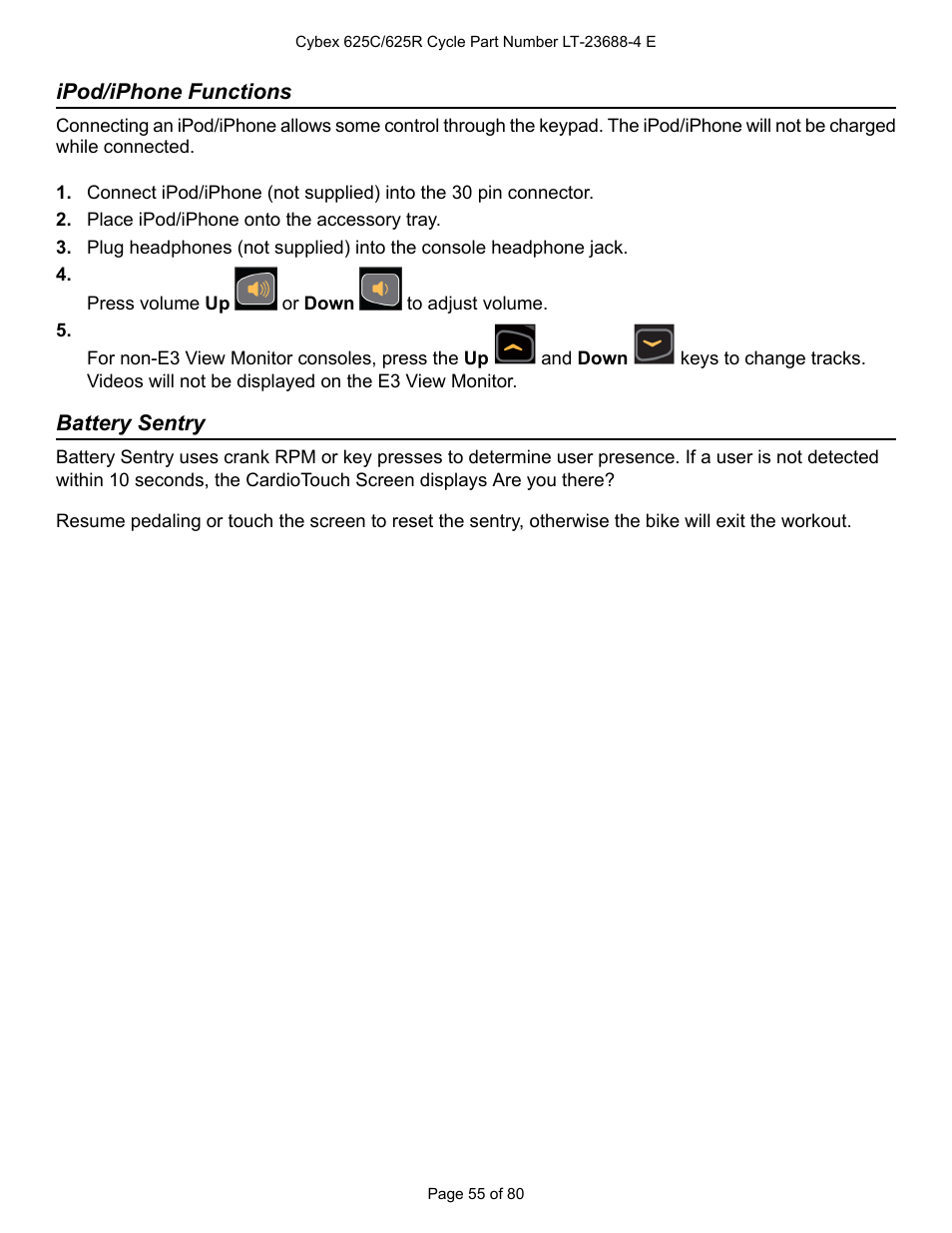 Ipod/iphone functions, Battery sentry | Cybex 625C Cycle Bike User Manual | Page 55 / 80