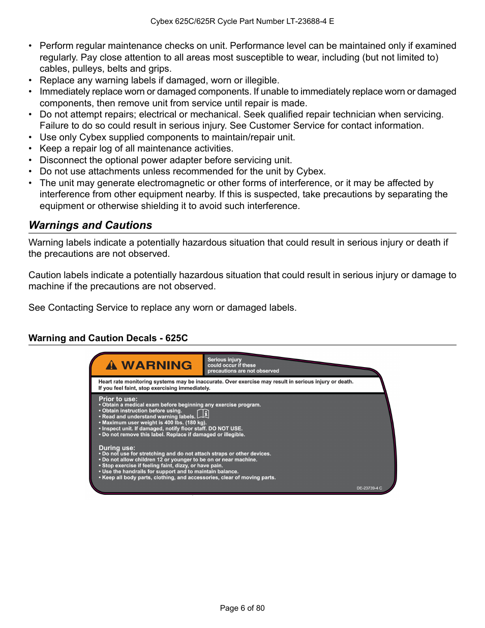 Warnings and cautions, Warning and caution decals - 625c | Cybex 625C Cycle Bike User Manual | Page 6 / 80